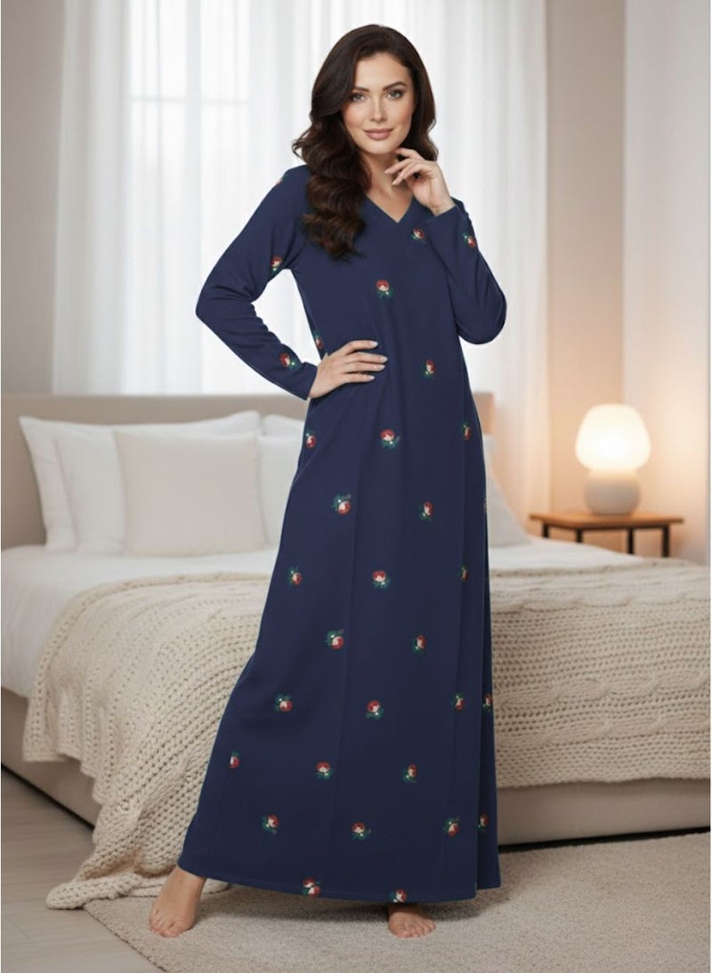 بريميم فستان جلابي نسائي طويل مطبوع عليه براعم ورد باللون الأزرق الداكن - جلابي رمضان - أكمام طويلة، فتحة رقبة على شكل حرف V، قماش محبوك يسمح بمرور الهواء، فستان مريح بطول كامل - Image 4